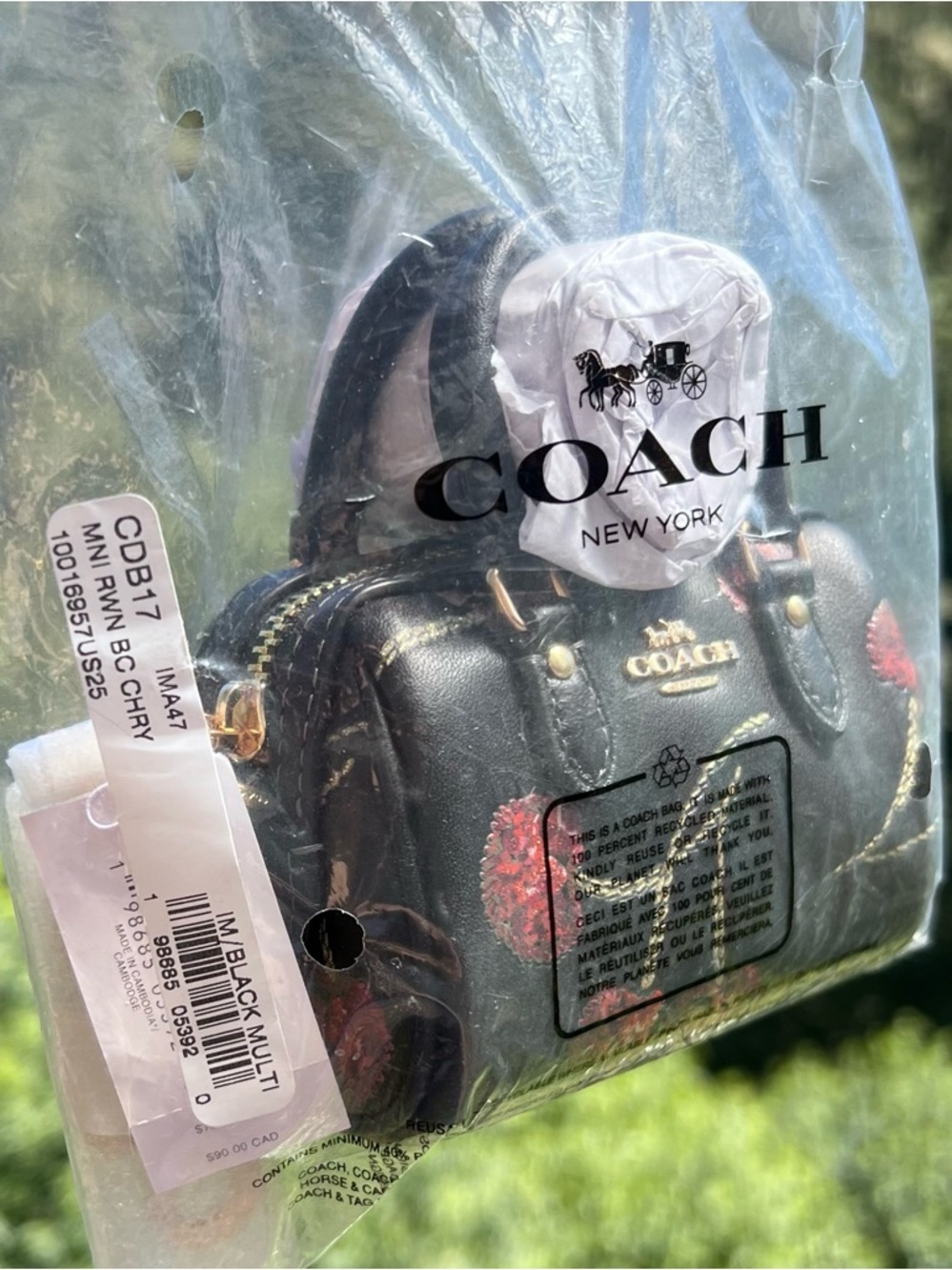 COACH Mini Rowan Bag Charm Black Multi w Sequin Cherry Print & Gold Hardware NWT - Picture 7 of 7